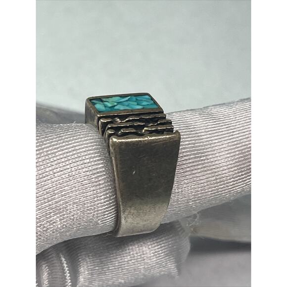 Sterling Silver 925 Tested Men Women Square Ring Blue Turquoise Inlay Size 9,75 - Picture 14 of 16